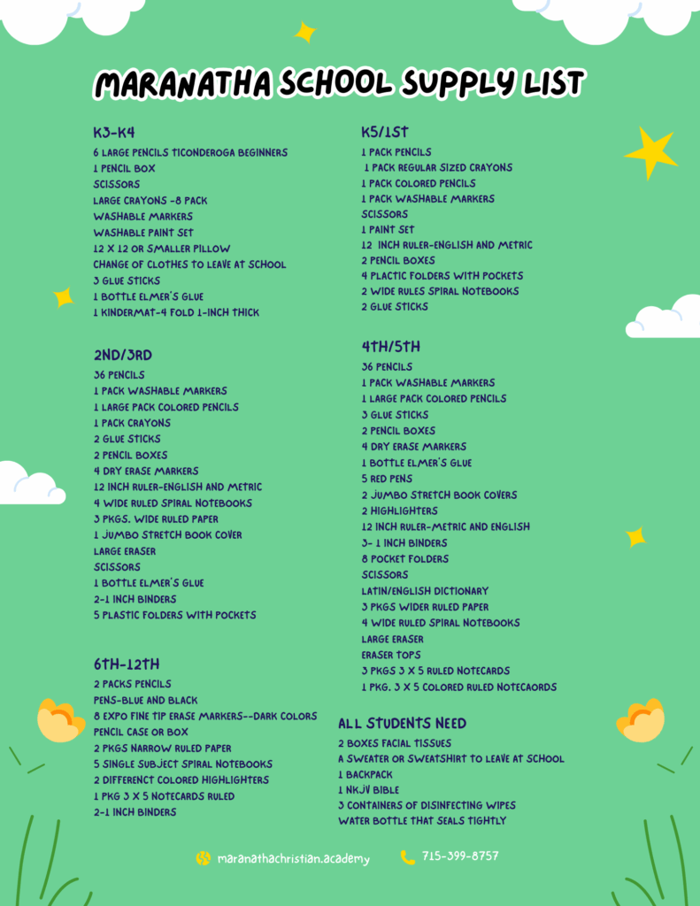 Maranatha Academy School Supply list.